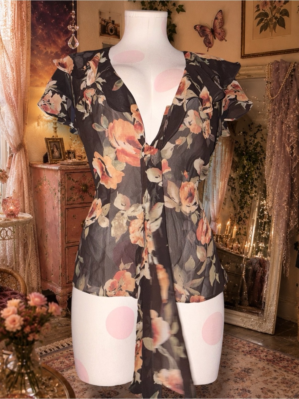 American Living Black Floral Tie-Front Flutter Sleeve Button Down Blouse Medium